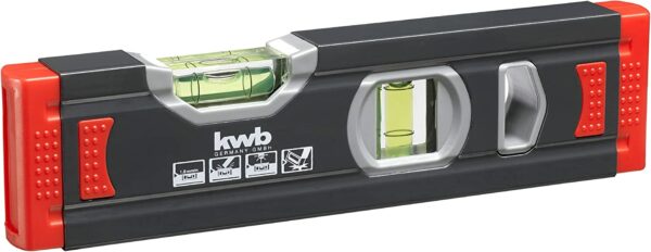 kwb 1 mm Mini Aluminium-Wasserwaage 20 cm, gesicherte Libelle, m Genauigkeit, präzise geschliffen, je 1 Horizontal-und Vertikallibelle inkl. Sturz-Schutz aus Gummi