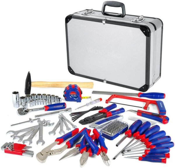 WORKPRO Haushalt Werkzeugkoffer Aluminum Werkzeugtrolley, Steckschlüssel-Satz Gabelschlüssel Universal Alu Werkzeugkiste 119-teilig – Bild 3